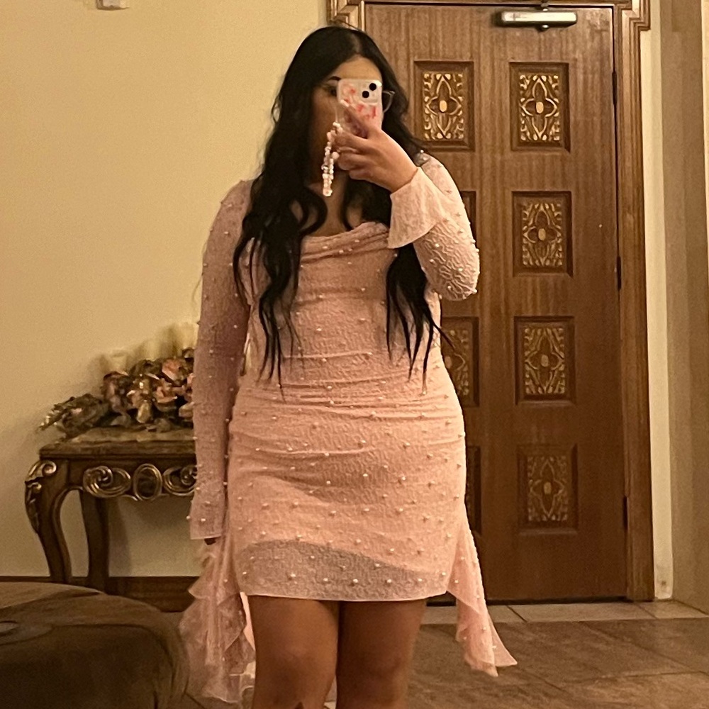Oh Polly Blush Pearl-Embellished Dress